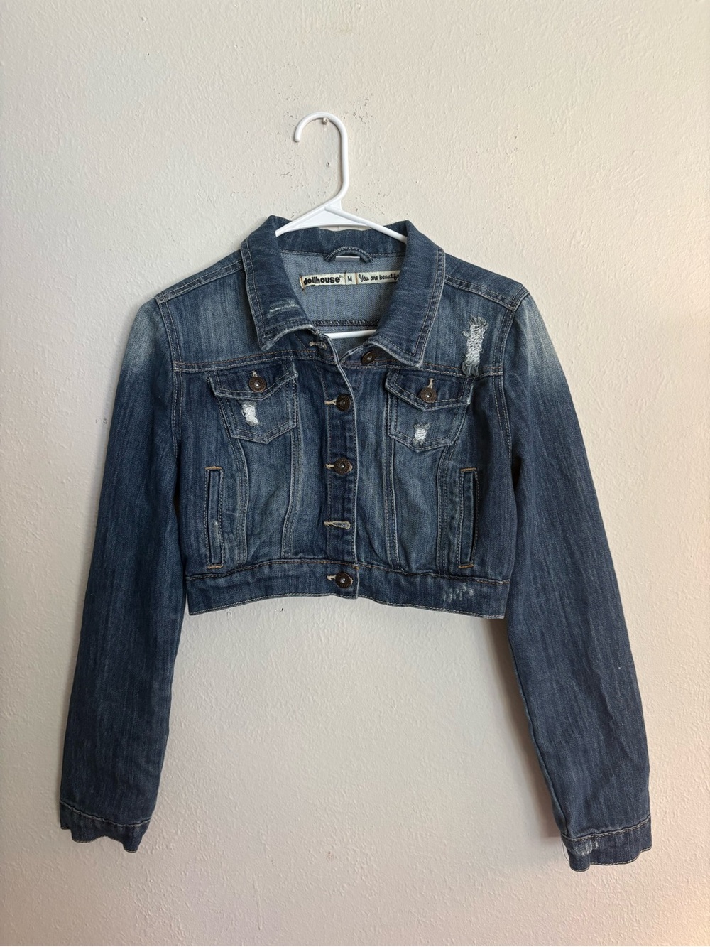 Dollhouse Y2K Cropped Distressed Denim Jacket | Medium